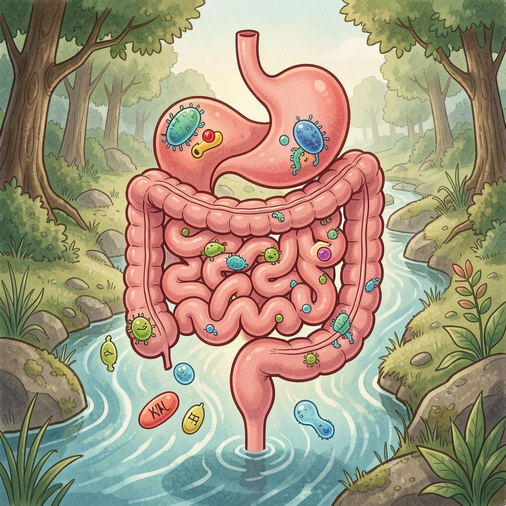 Healthy digestive system illustration with probiotic bacteria and digestive enzymes in natural setting